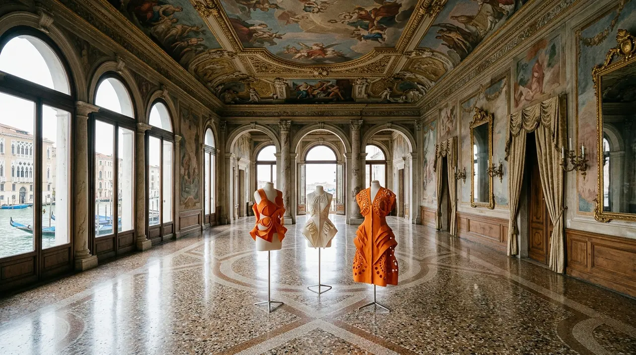 Museo Pierre Cardin a Venezia: il salone del piano nobile di Ca' Bragadin affacciato sul canale, con abiti scultorei esposti su manichini