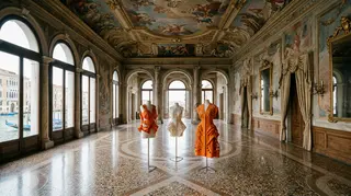 Museo Pierre Cardin a Venezia: il salone del piano nobile di Ca' Bragadin affacciato sul canale, con abiti scultorei esposti su manichini
