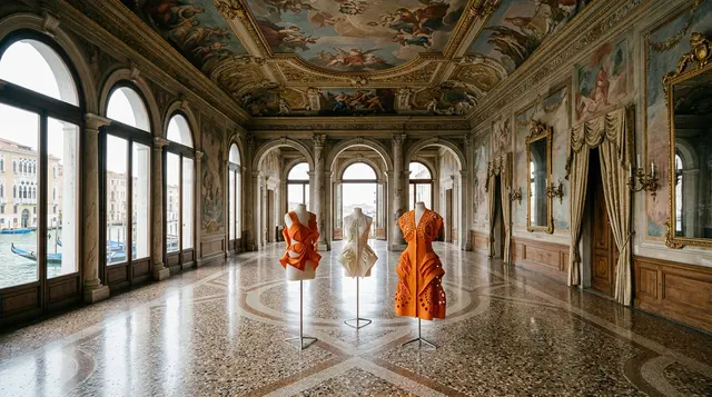 Museo Pierre Cardin a Venezia: il salone del piano nobile di Ca' Bragadin affacciato sul canale, con abiti scultorei esposti su manichini