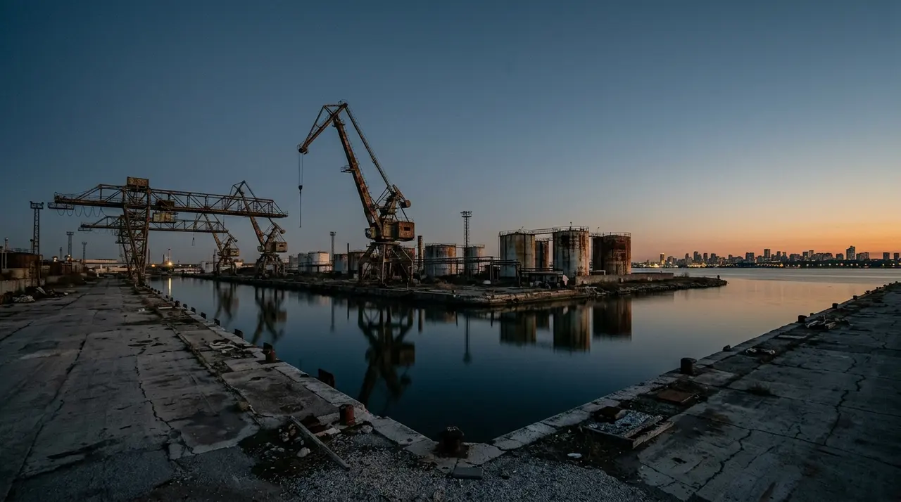 Banchine industriali dismesse di Porto Marghera al tramonto, gru arrugginite e cielo vuoto sopra la laguna