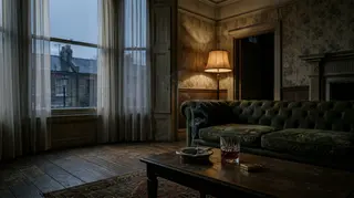Salotto vuoto di un appartamento londinese al crepuscolo, la stanza che evoca la sceneggiatura di Bertolucci diventata The Echo Chamber