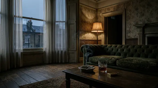 Salotto vuoto di un appartamento londinese al crepuscolo, la stanza che evoca la sceneggiatura di Bertolucci diventata The Echo Chamber