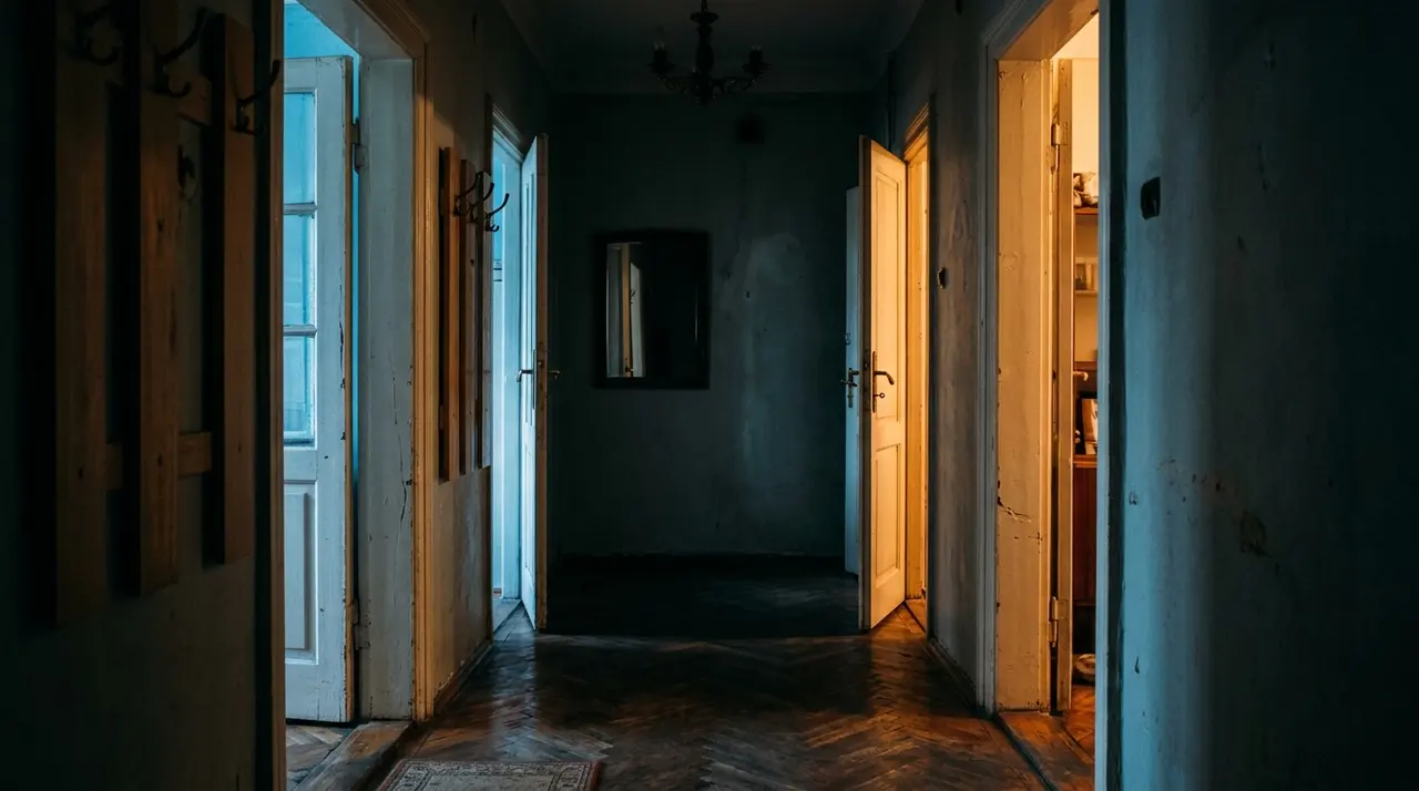 Corridoio di un appartamento con due porte socchiuse e luci opposte, immagine dei due protagonisti che non si incontrano mai