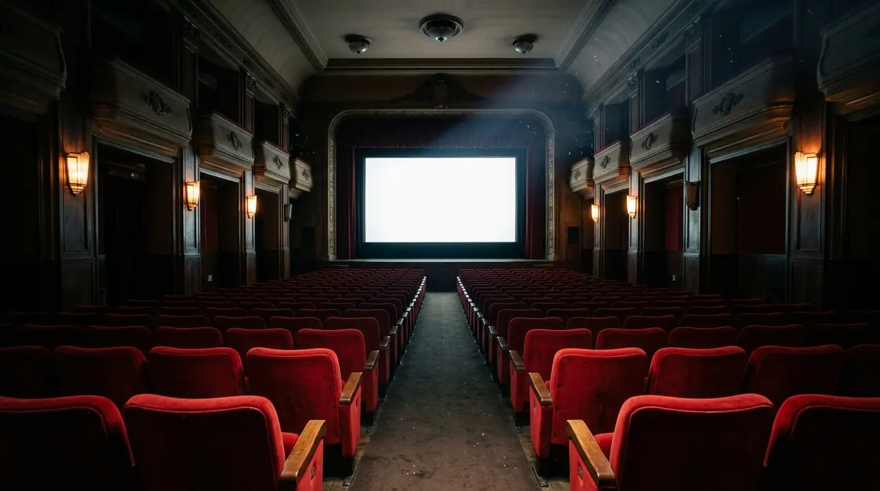Sala cinematografica storica vuota con schermo bianco acceso, in attesa dell uscita del film il 10 settembre