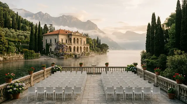 Terrazza affacciata sul lago di Como con sedie vuote, la crescita acquisita al centro del Forum di Cernobbio