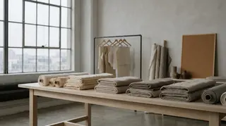 De Sarno a Icicle: tessuti naturali non tinti piegati sul tavolo di un atelier all'alba