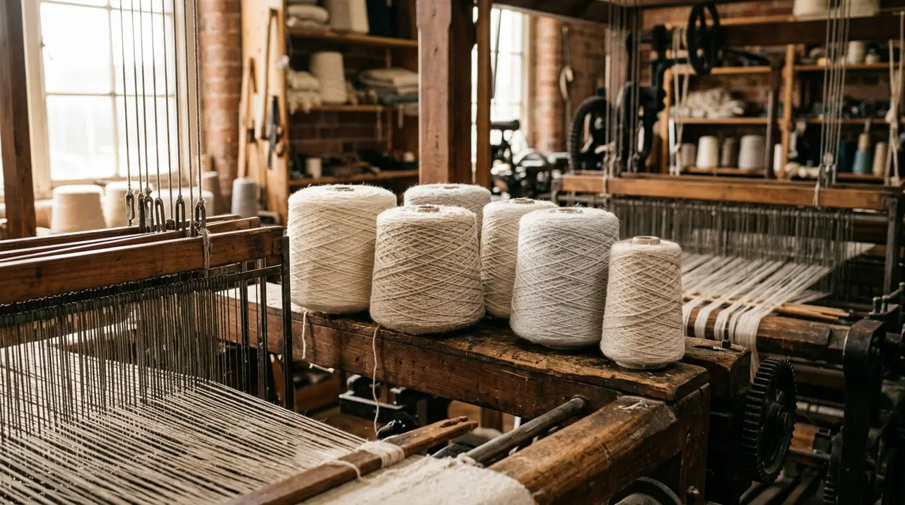 Coni di filato di cashmere e lana grezza non tinta su un telaio industriale in legno