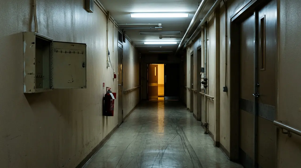 Corridoio ospedaliero deserto di notte con armadietto delle chiavi aperto e porta socchiusa