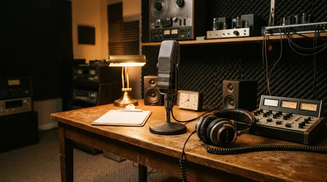 Emma Bonino ricoverata: studio radiofonico deserto con microfono e foglio bianco, come Radio Radicale da cui nel 2015 lesse il proprio bollettino medico
