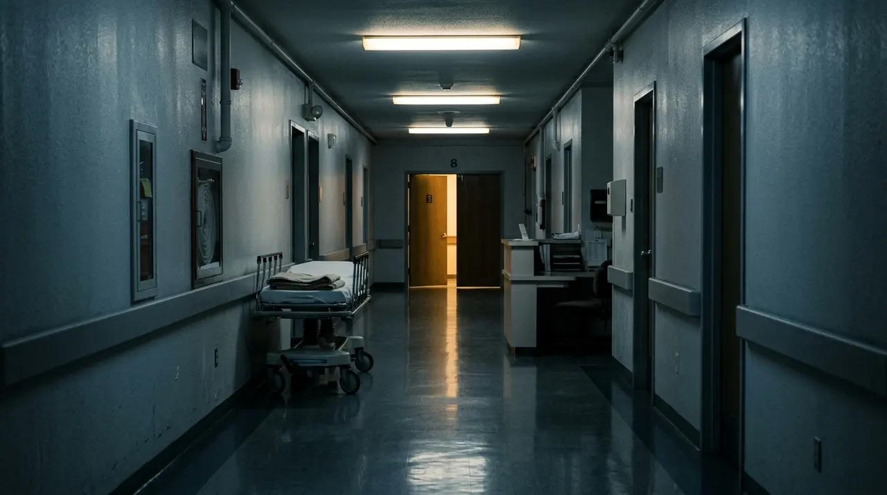 Corridoio deserto di un reparto ospedaliero di notte, barella vuota lungo la parete e una porta socchiusa illuminata in fondo
