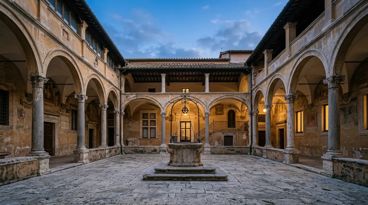 Cortile porticato di un antico ospedale romano al crepuscolo, con pozzo di pietra al centro e arcate in travertino