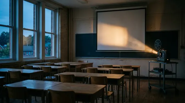 Aula scolastica vuota al tramonto con proiettore acceso e schermo bianco, immagine simbolo dell'alfabetizzazione visiva a scuola