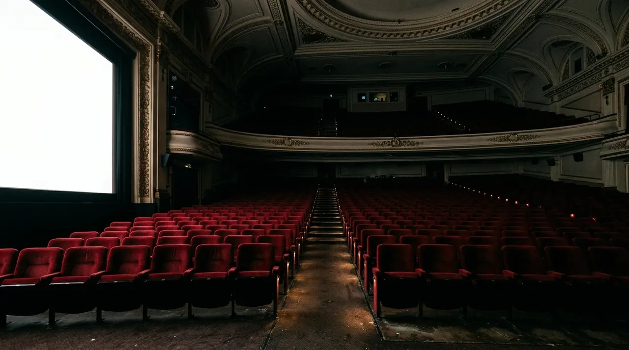 Sala cinematografica storica vuota vista dallo schermo, poltrone rosse in penombra sotto un soffitto decorato