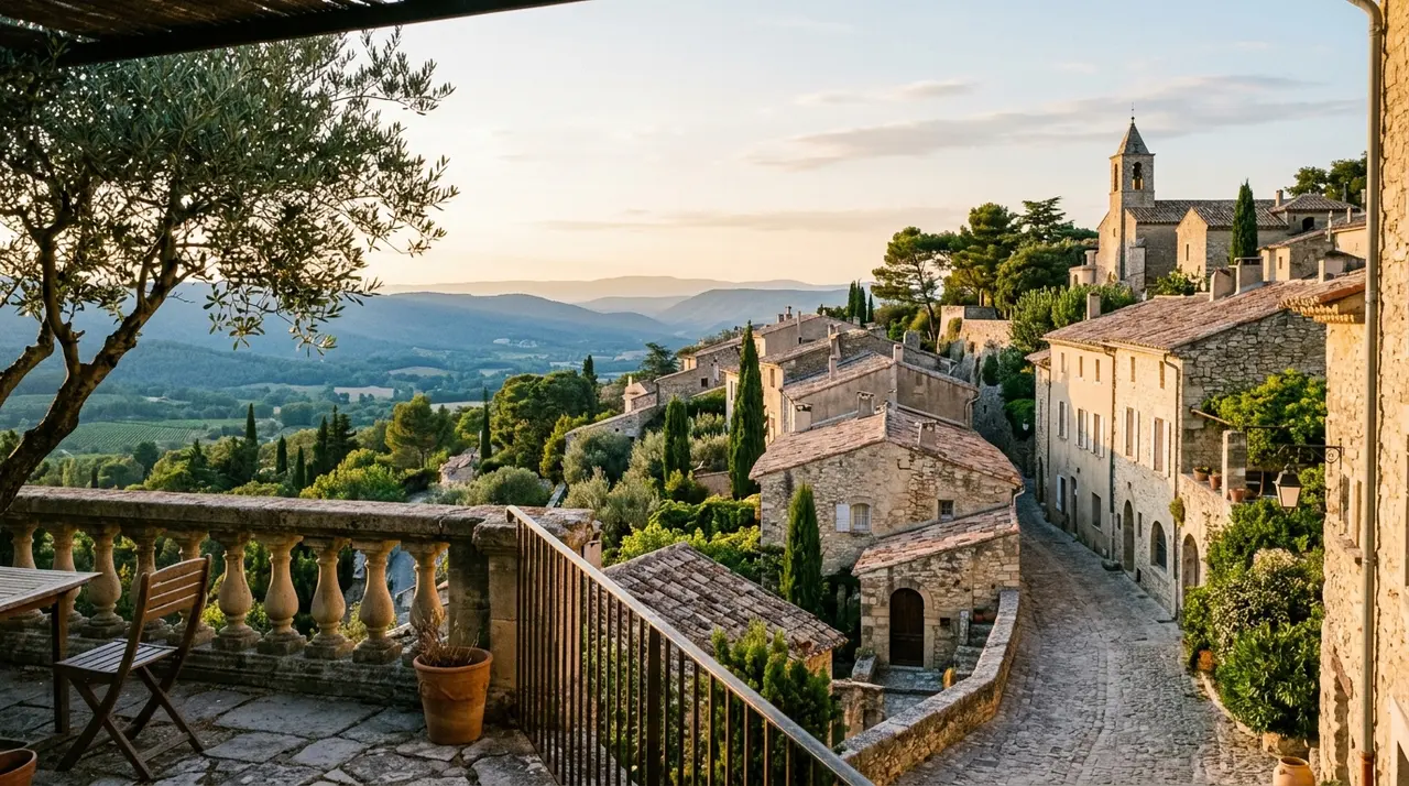 Borgo di pietra provenzale al tramonto con ulivi, cipressi e colline sullo sfondo