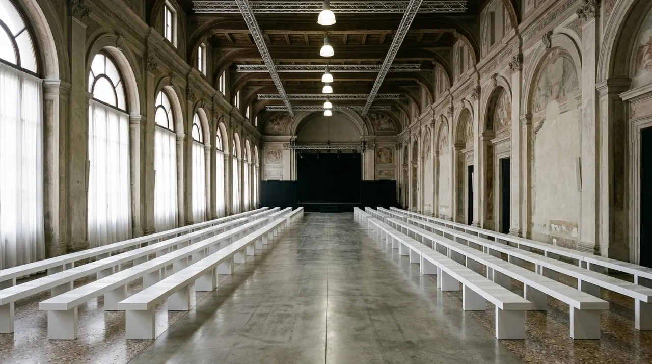 Passerella vuota e panche bianche in un palazzo milanese prima di una sfilata della Milano Fashion Week