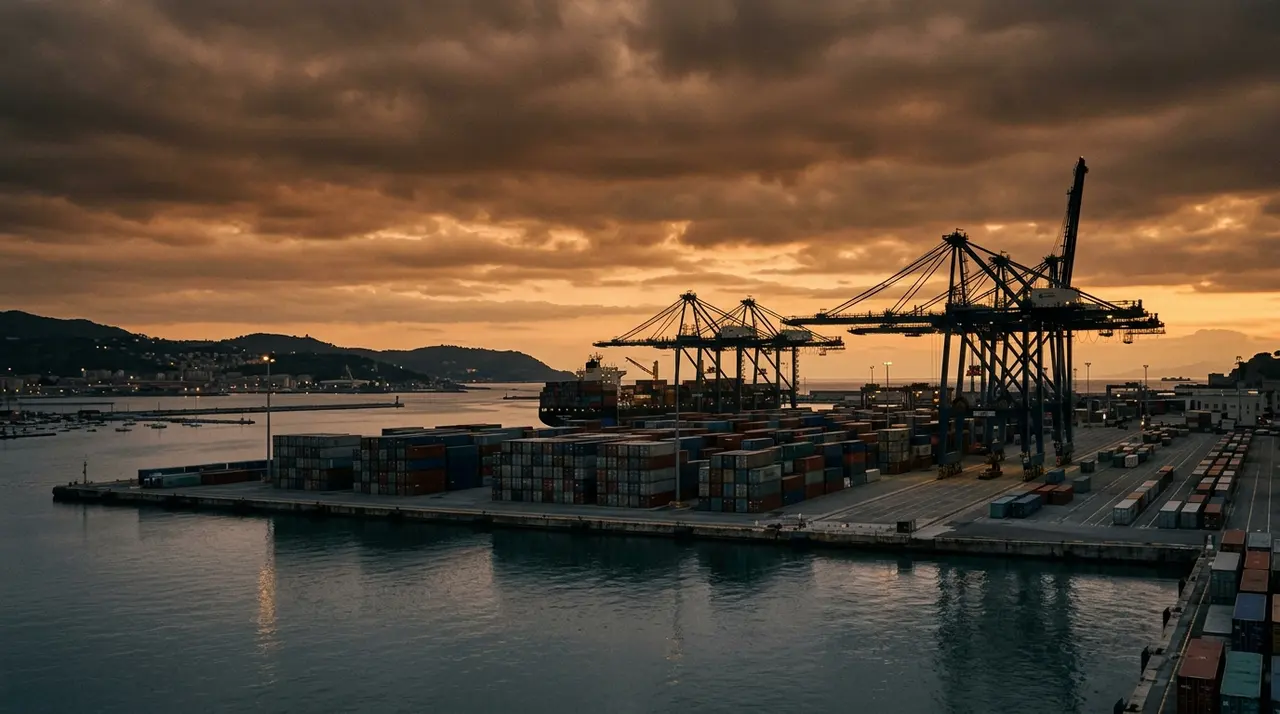 Container e gru di banchina in un porto commerciale italiano al tramonto, l export della moda in calo