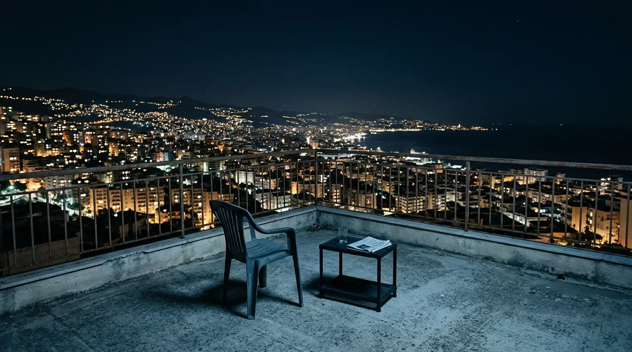 Naza Venezia 83: terrazza deserta di notte sopra una citta costiera illuminata, l'ambientazione delle testimonianze del documentario