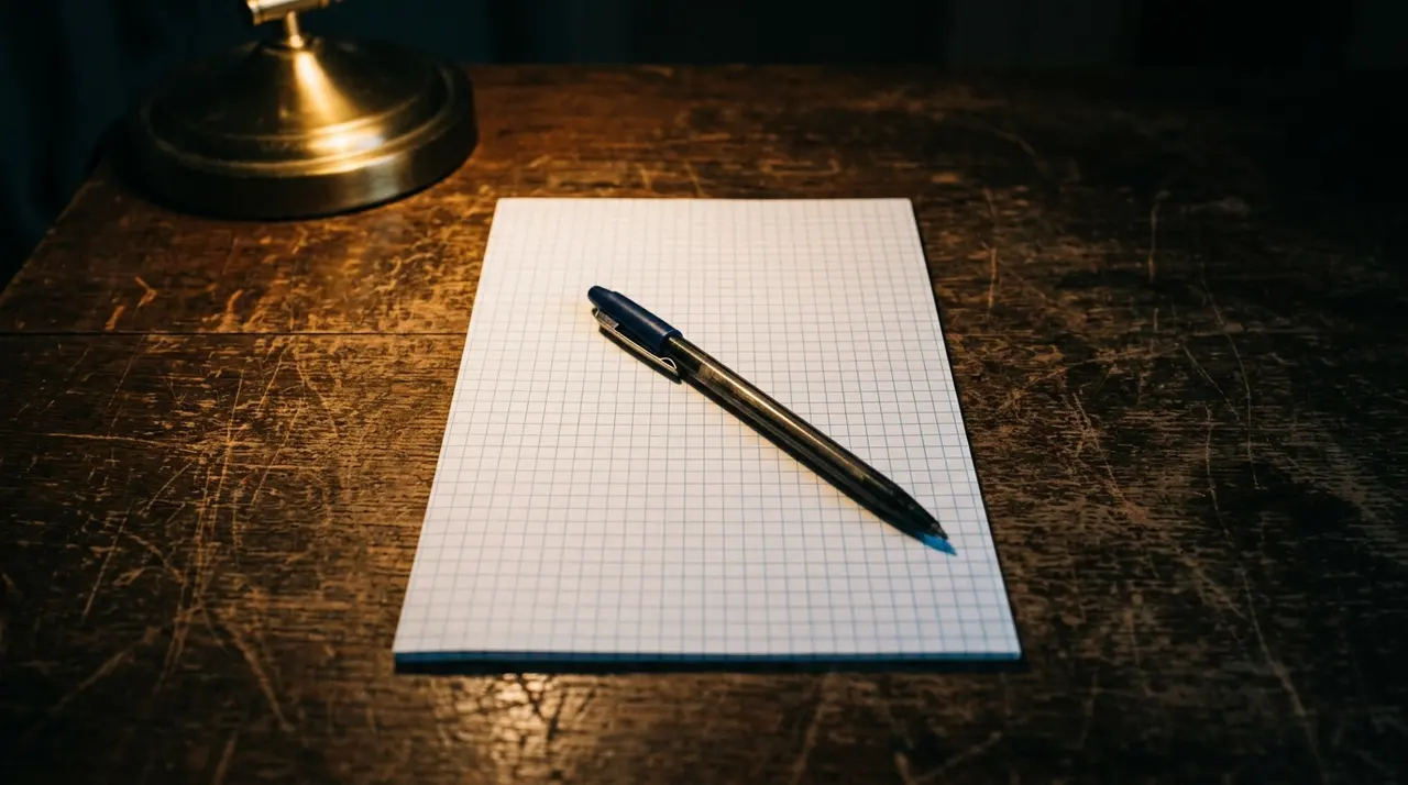 Foglio a quadretti bianco e penna a sfera su una scrivania di legno sotto una lampada accesa, come gli schemi disegnati a mano dai testimoni