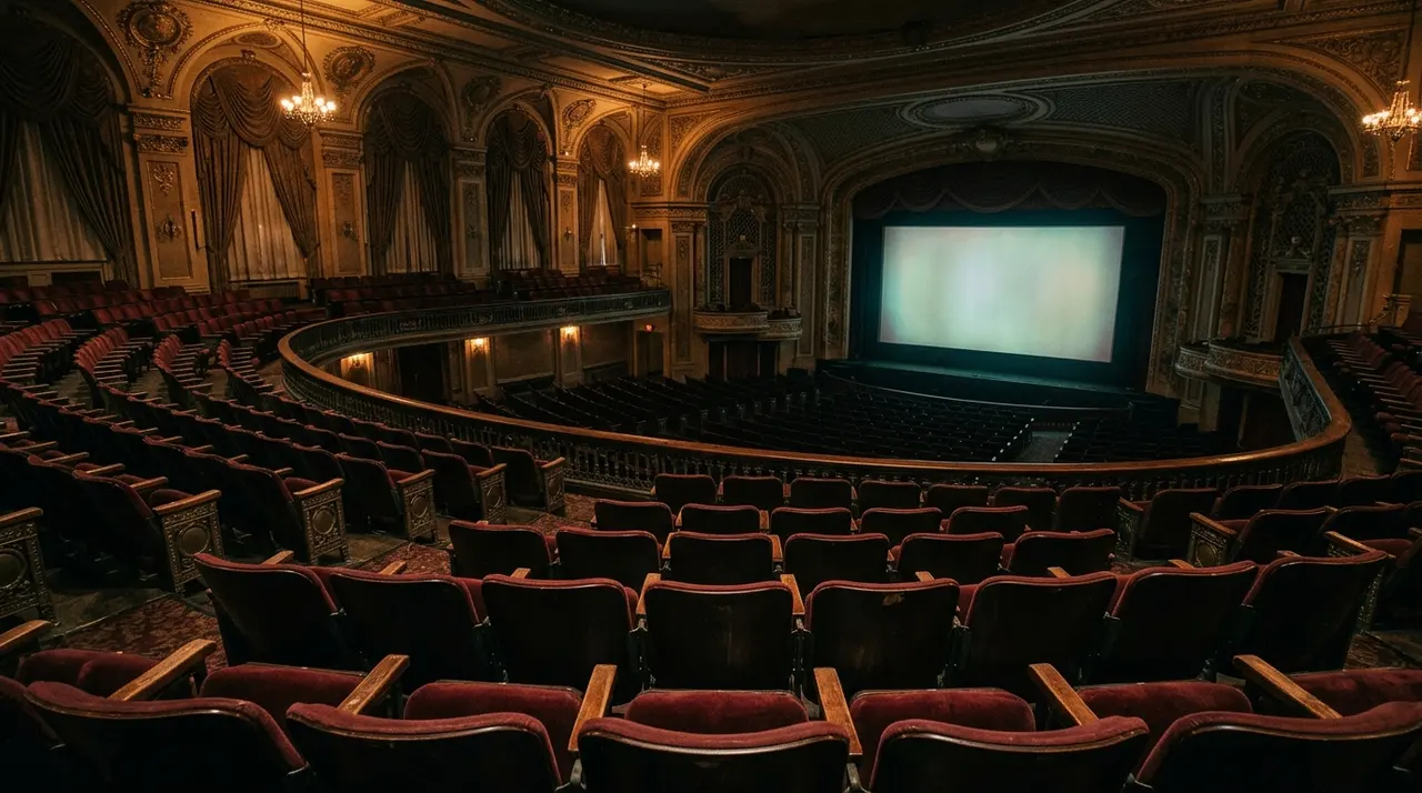 Sala cinematografica storica deserta con poltrone in velluto rosso e schermo chiaro acceso prima della proiezione