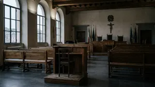 Aula di tribunale italiana deserta con il banco dei testimoni vuoto, dove Denise Cosco depose contro il padre nel 2011