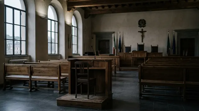 Aula di tribunale italiana deserta con il banco dei testimoni vuoto, dove Denise Cosco depose contro il padre nel 2011