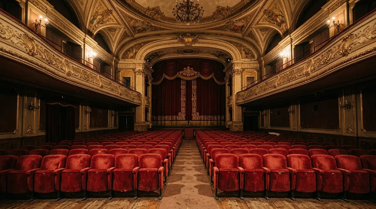 Agenzia per il cinema: sala cinematografica storica italiana vuota con sipario chiuso e poltrone rosse