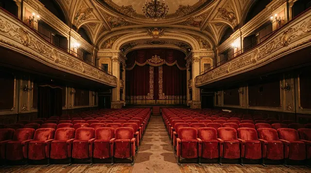 Agenzia per il cinema: sala cinematografica storica italiana vuota con sipario chiuso e poltrone rosse