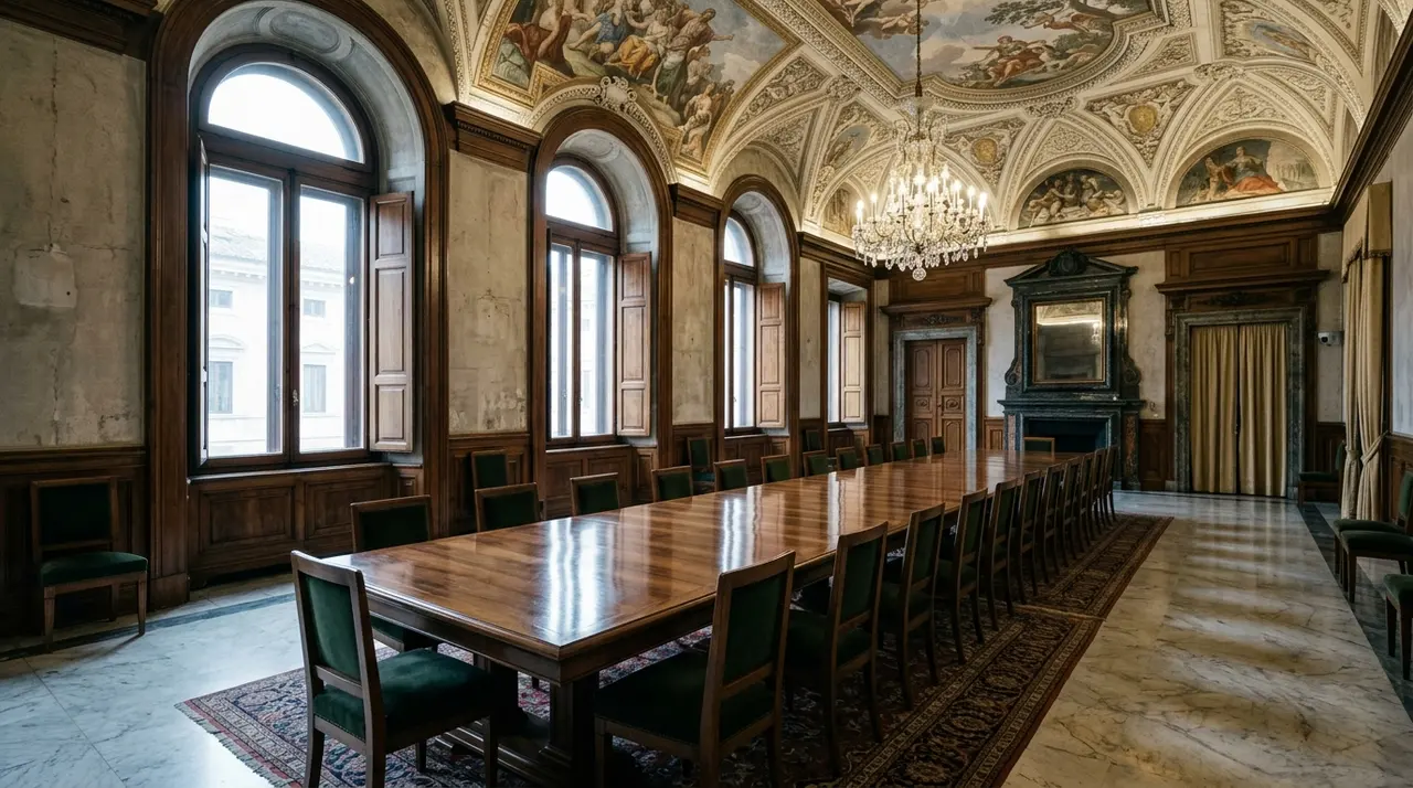 Sala riunioni istituzionale deserta in un palazzo storico, tavolo lungo e sedie vuote