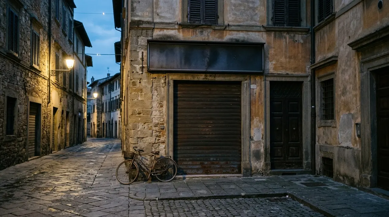 Cinema di provincia chiuso all'imbrunire con insegna spenta e serranda abbassata