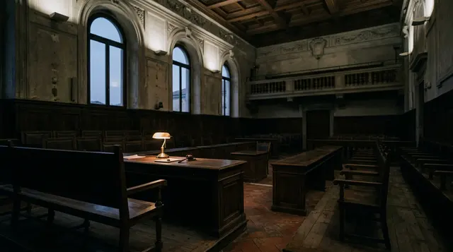 Caso Sibilla Barbieri: aula di tribunale vuota al tramonto, banchi in legno scuro e una lampada accesa sul banco del giudice