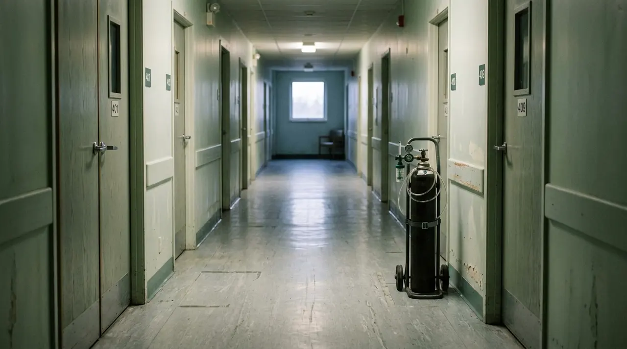Corridoio d'ospedale deserto all'alba con una bombola di ossigeno inutilizzata appoggiata alla parete