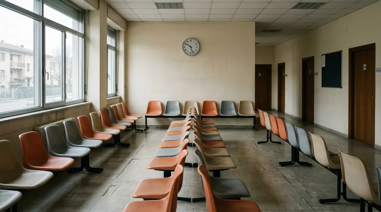 Sala d'attesa vuota di un'azienda sanitaria italiana, file di sedie e un orologio da parete