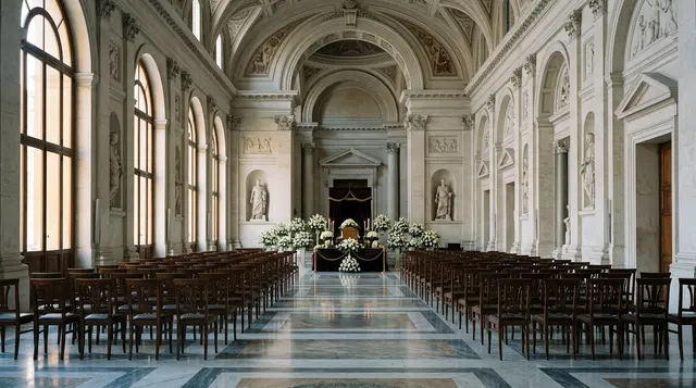 Esequie di Stato nella Protomoteca del Campidoglio: sala vuota con catafalco e sedie allineate prima della cerimonia per Emma Bonino