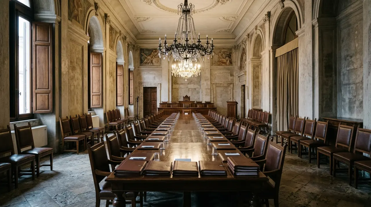 Sala del Consiglio dei ministri deserta a Palazzo Chigi, dove lunedi 14 settembre si delibera il decreto sulle esequie di Stato