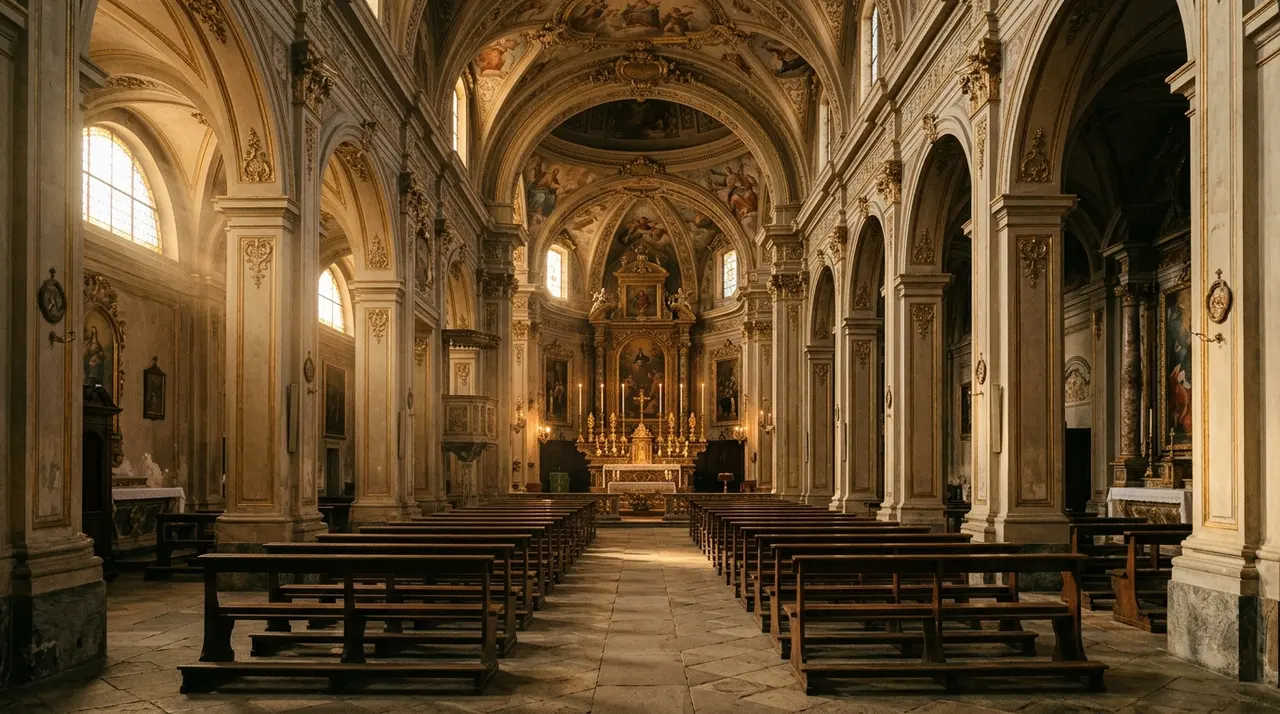 Navata deserta di una cattedrale barocca piemontese con candele accese, il rito religioso previsto per Raffaele Costa a Mondovi