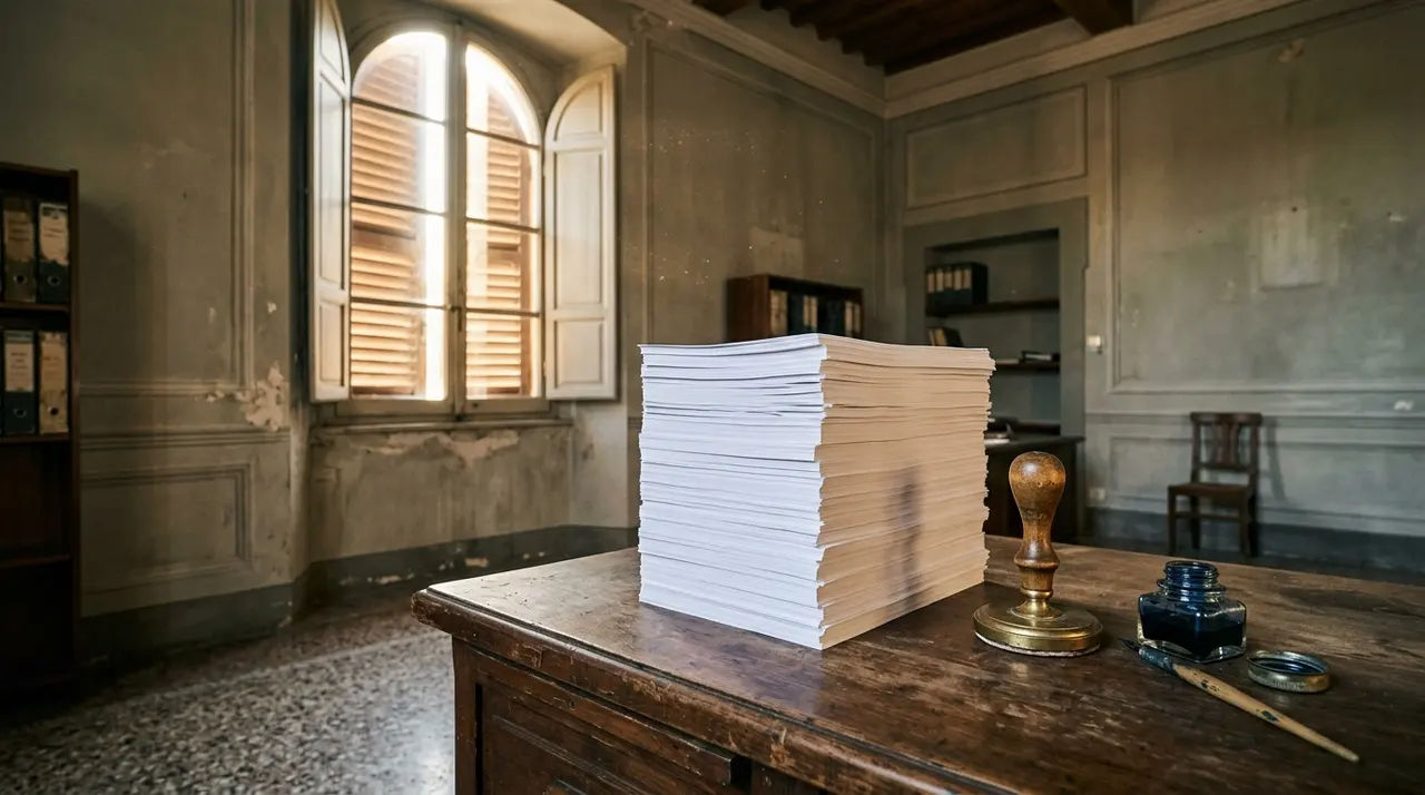 Raccolta firme per le liste elettorali: risma di moduli in bianco e timbro su una scrivania in un ufficio istituzionale
