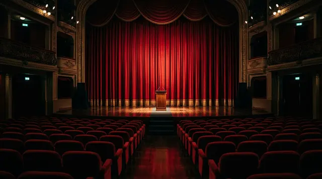 Woman Unknown Leone d'oro a Venezia 83: il palco vuoto della premiazione con sipario rosso e leggio illuminato