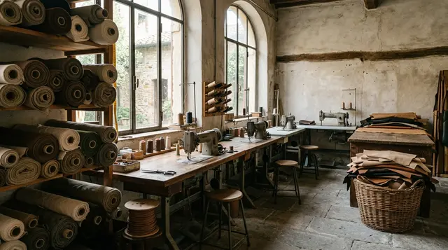 Filiera della moda: laboratorio tessile e di pelletteria italiano vuoto, con rotoli di tessuto e macchine da cucire ferme