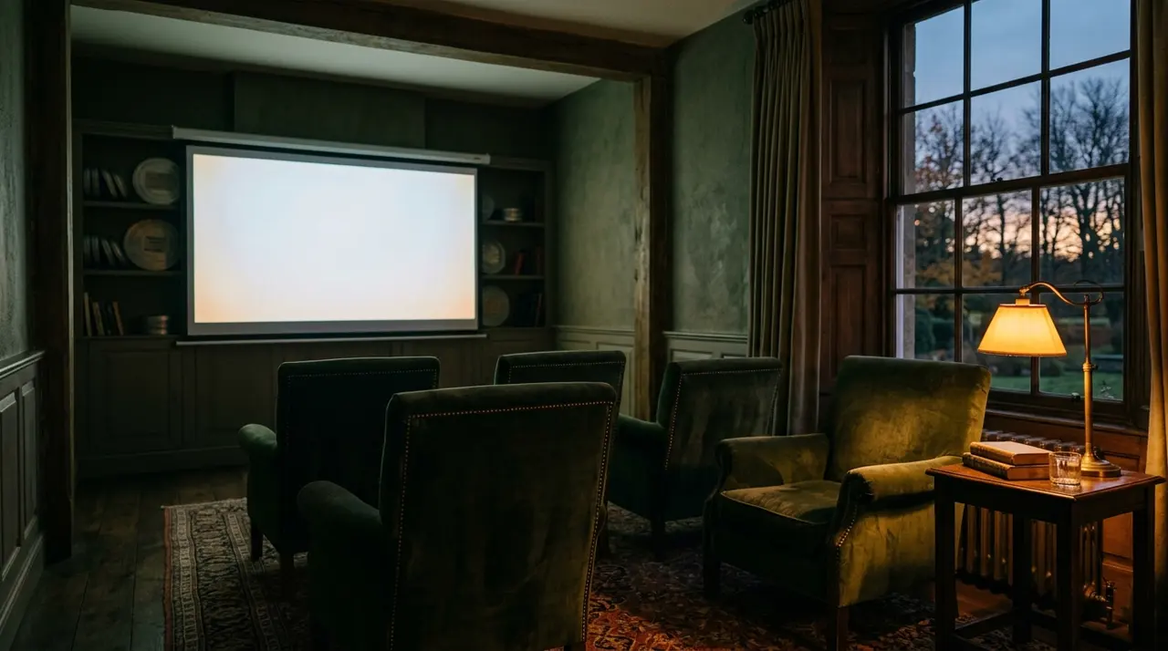 Jeremy Thomas, il produttore dell'Ultimo imperatore: una piccola sala di proiezione privata vuota in una casa di campagna inglese al crepuscolo