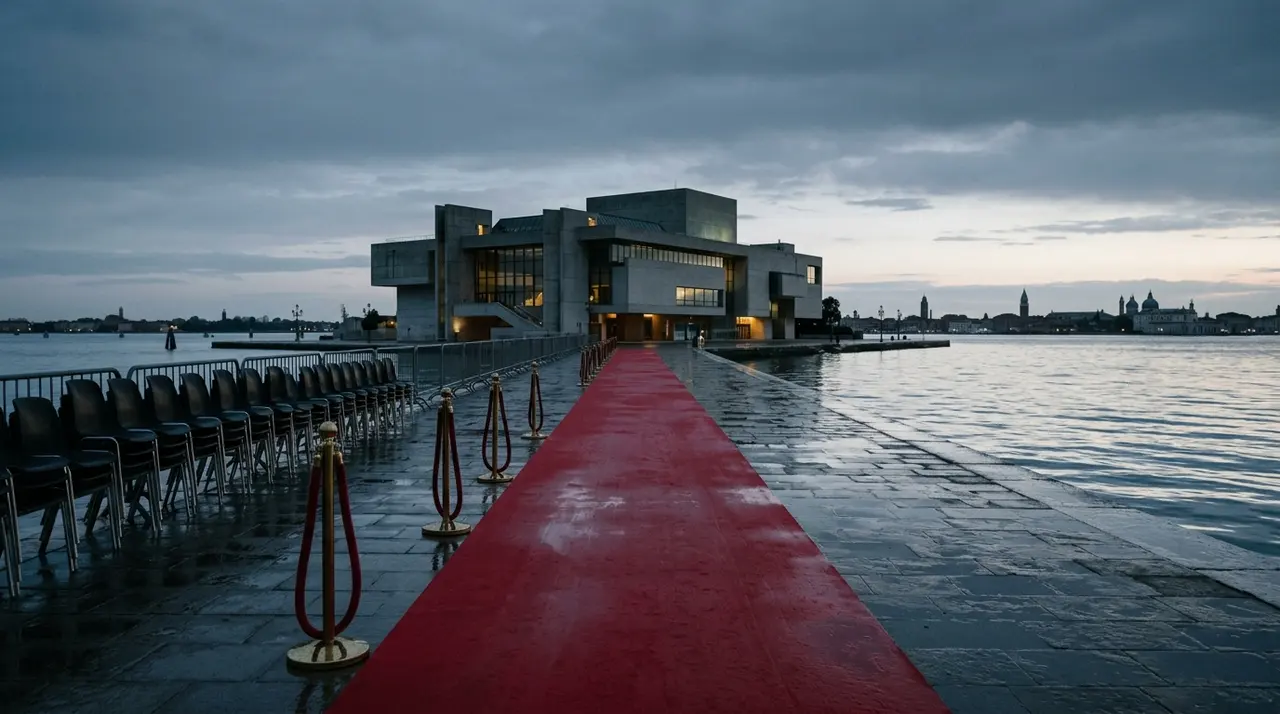 Tappeto rosso deserto all'alba davanti al palazzo del festival sulla laguna, dopo la chiusura di Venezia 83