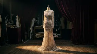 Bob Mackie e il naked dress: abito trasparente ricamato a mano con migliaia di cristalli su un manichino da sartoria in un atelier deserto