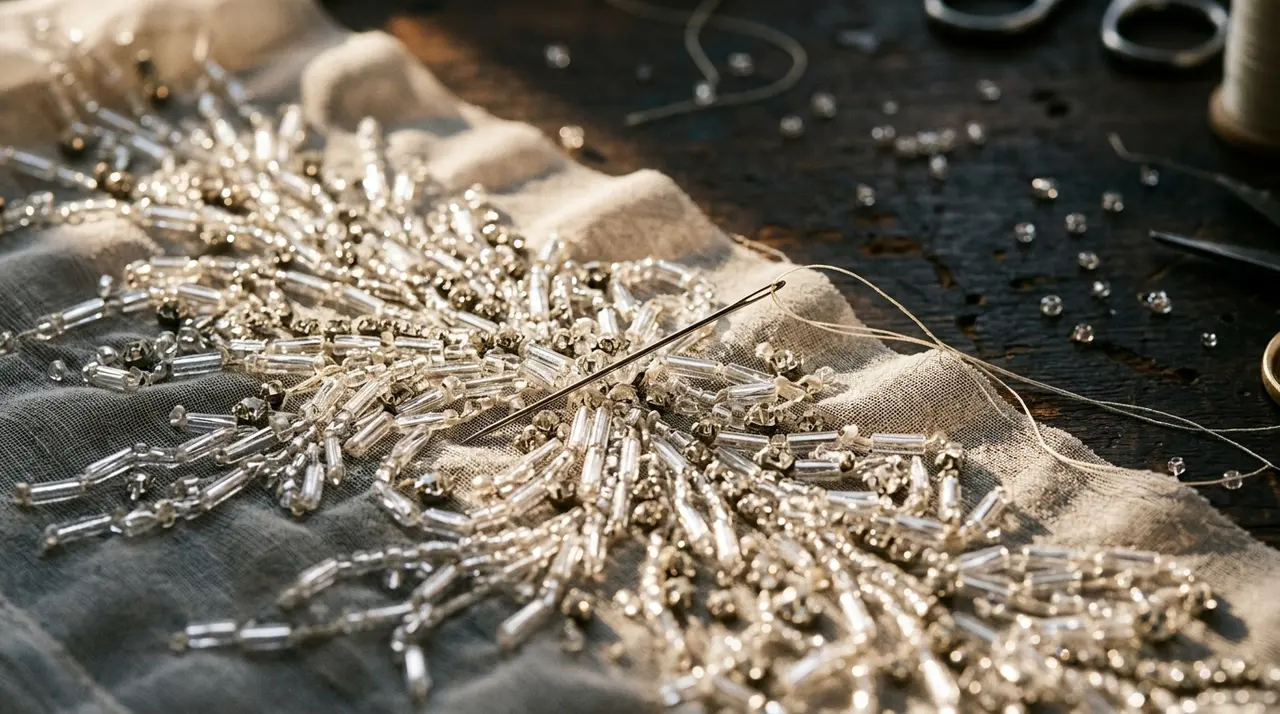 Ricamo a mano di perline tubolari trasparenti e strass su chiffon souffle, la tecnica con cui nasceva il naked dress