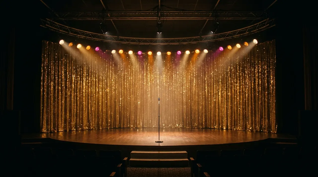 Palcoscenico deserto di uno show televisivo di varieta americano degli anni Settanta, con fondale di paillettes dorate e occhi di bue accesi