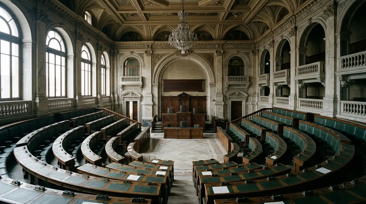Donne in Parlamento: l'aula semicircolare deserta di un palazzo parlamentare italiano, scranni verdi vuoti prima del voto finale sullo Stabilicum