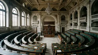 Donne in Parlamento: l'aula semicircolare deserta di un palazzo parlamentare italiano, scranni verdi vuoti prima del voto finale sullo Stabilicum