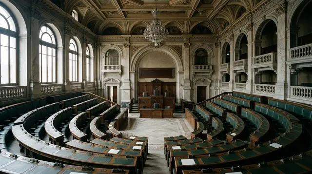 Donne in Parlamento: l'aula semicircolare deserta di un palazzo parlamentare italiano, scranni verdi vuoti prima del voto finale sullo Stabilicum