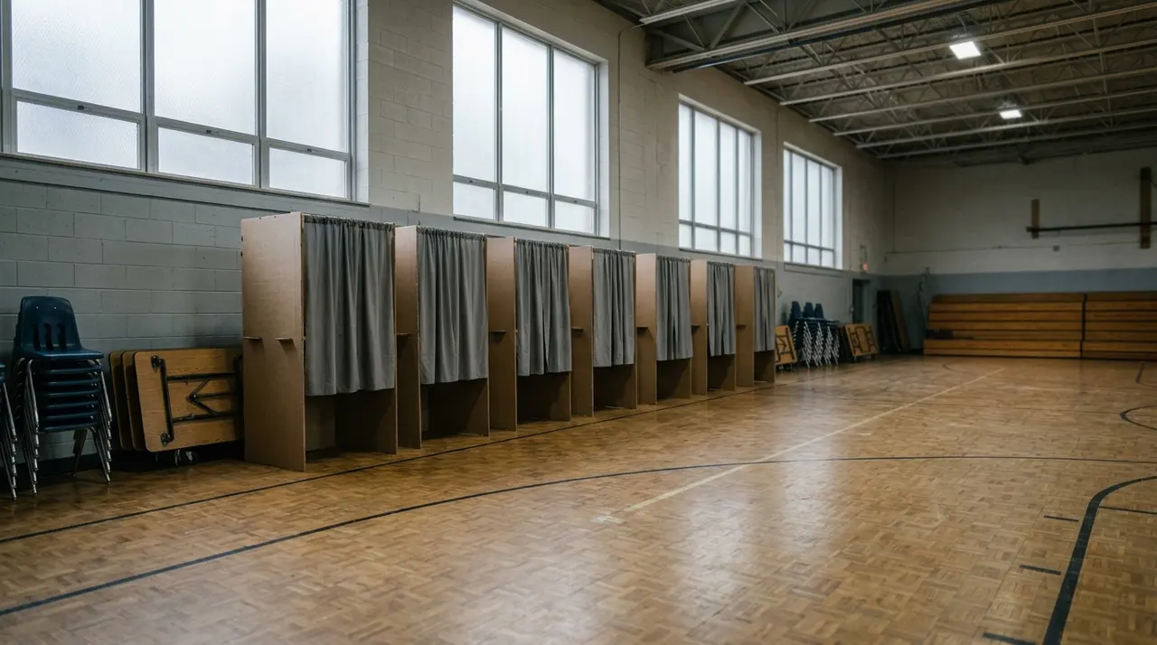 File di cabine elettorali di cartone con tende grigie allineate in una palestra scolastica adibita a seggio, completamente deserta