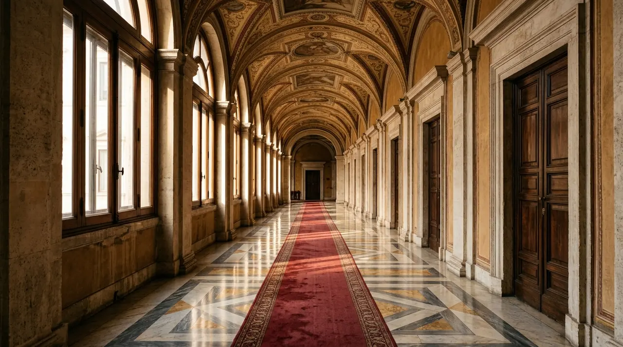 Corridoio deserto di un palazzo istituzionale italiano con tappeto rosso, pavimento in marmo e una fila di porte in legno chiuse