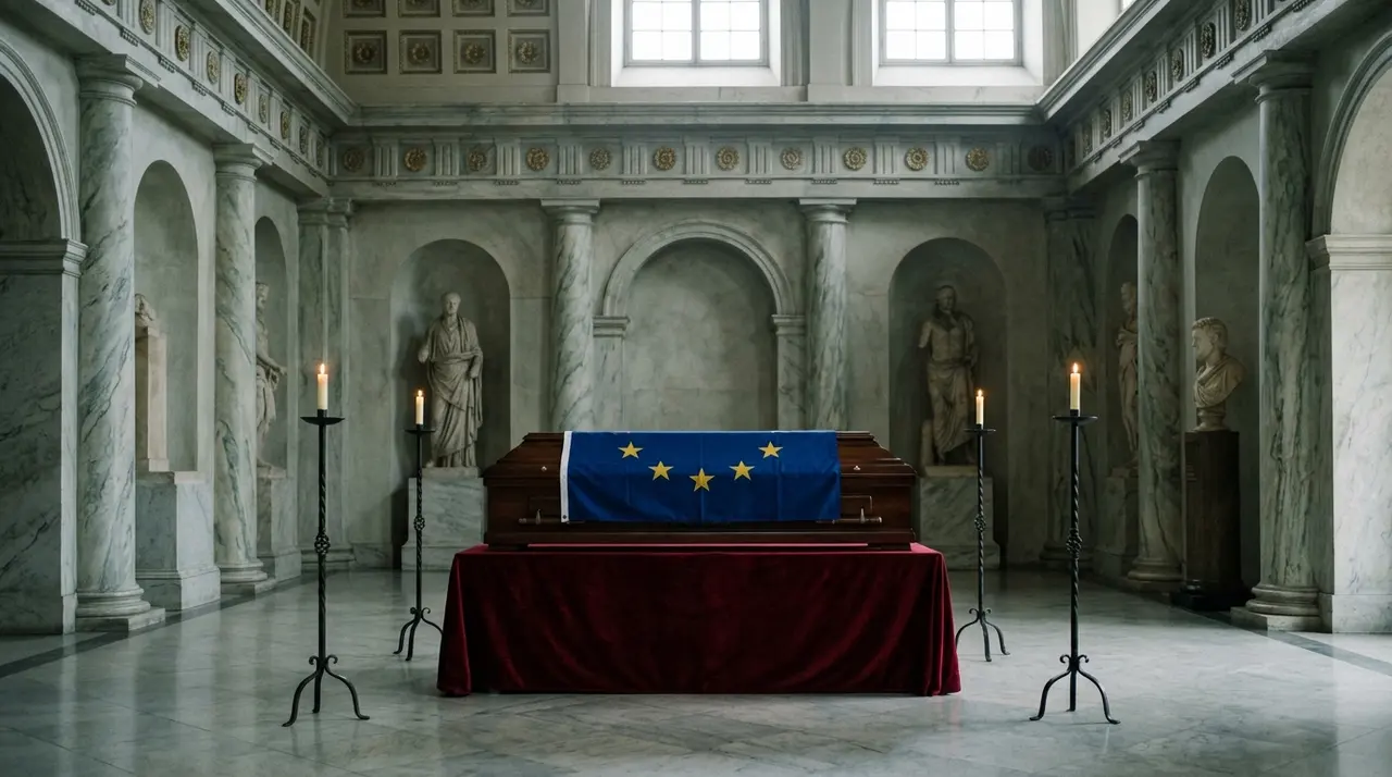 Bandiera europea sul feretro in una sala neoclassica deserta, tavolo drappeggiato di velluto rosso scuro e quattro candelabri accesi ai lati
