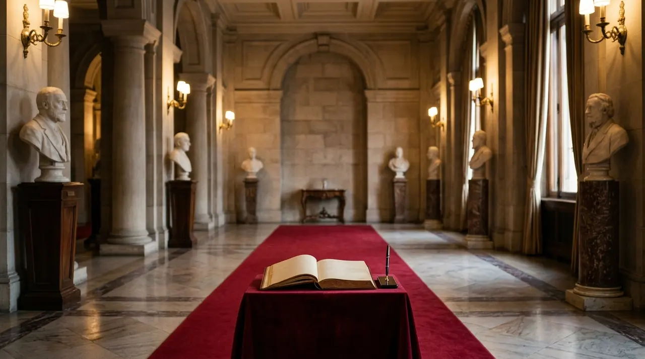 Quaderno delle condoglianze aperto su un tavolino coperto di velluto rosso all ingresso di una camera ardente istituzionale deserta